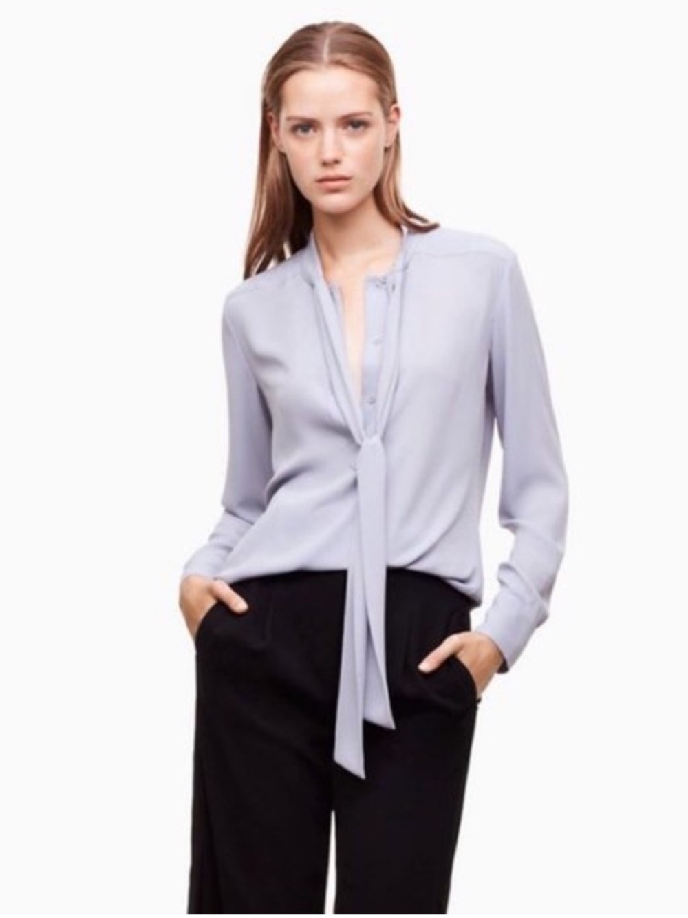 Aritzia Babaton Piero Blouse Lilac Lavender Bow Tie Neck Top Small - Picture 1 of 13